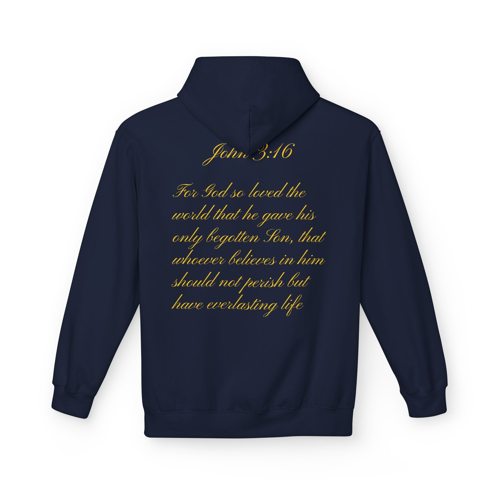 Christian Cross Hoodie with Gold Scripture Back — Faith-Based Religious Pullover