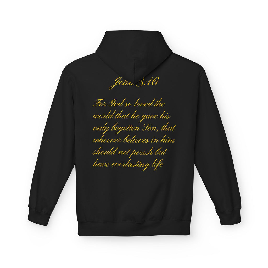 Christian Cross Hoodie with Gold Scripture Back — Faith-Based Religious Pullover
