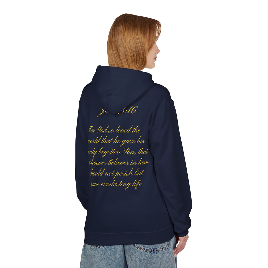 Christian Cross Hoodie with Gold Scripture Back — Faith-Based Religious Pullover