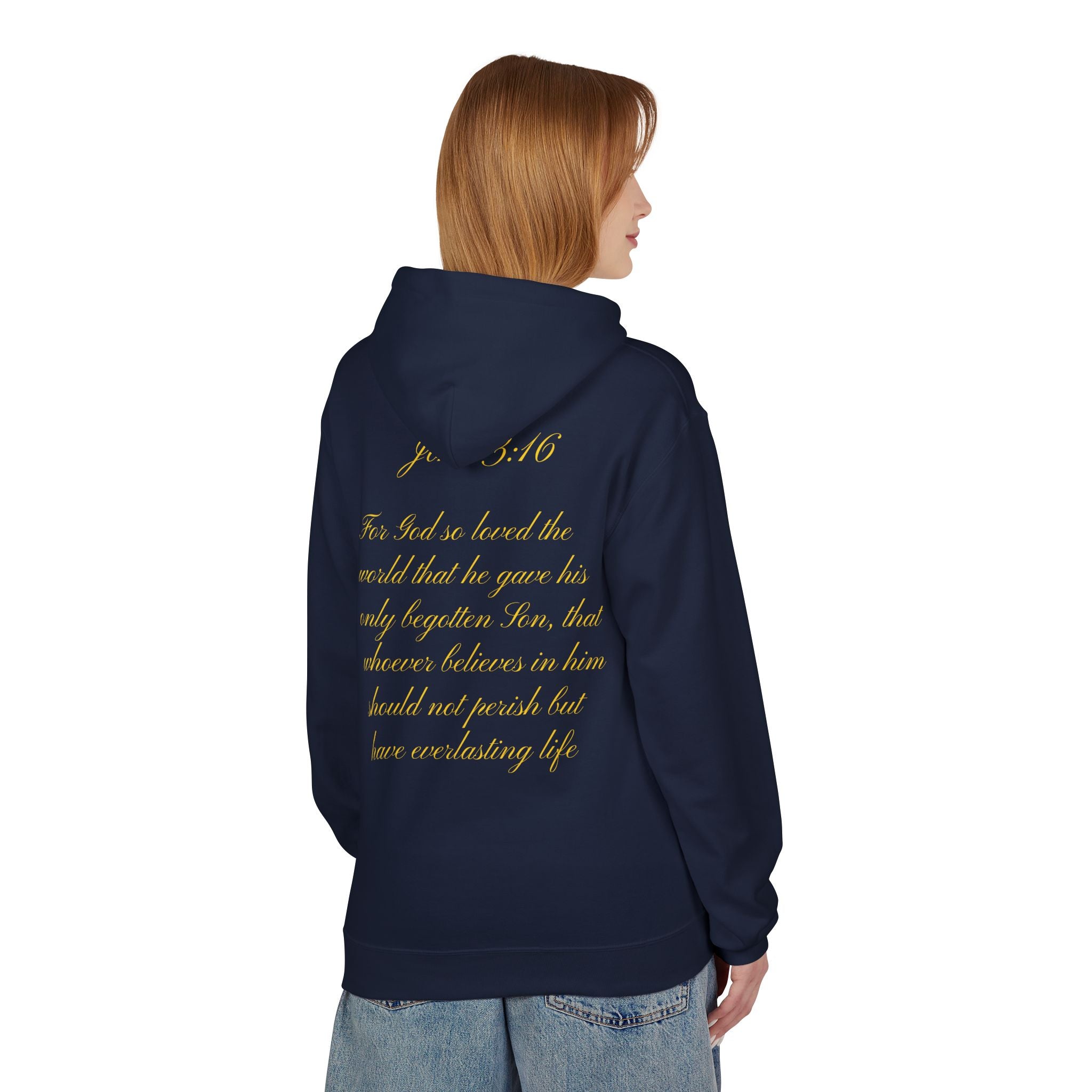 Christian Cross Hoodie with Gold Scripture Back — Faith-Based Religious Pullover