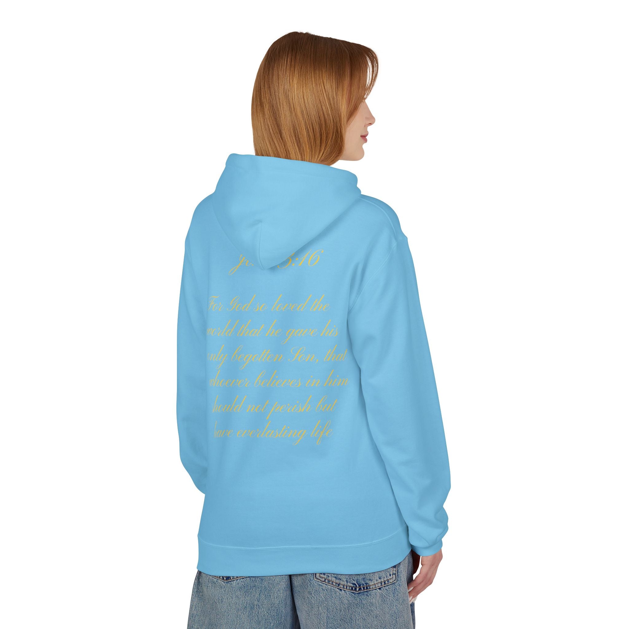 Christian Cross Hoodie with Gold Scripture Back — Faith-Based Religious Pullover