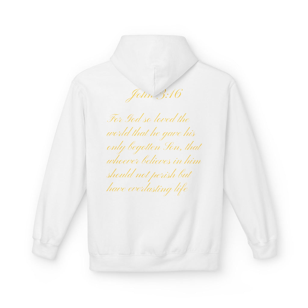 Christian Cross Hoodie with Gold Scripture Back — Faith-Based Religious Pullover