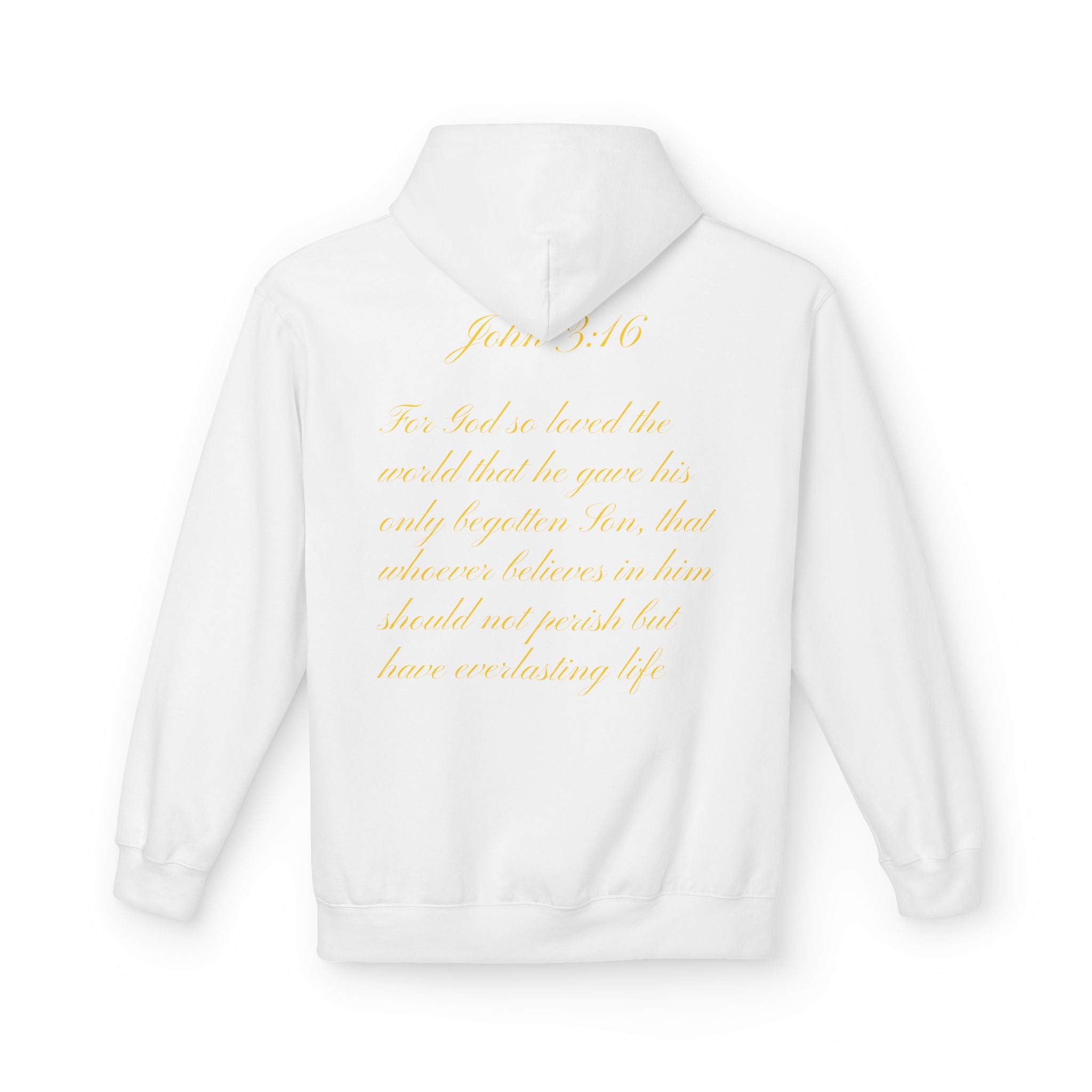 Christian Cross Hoodie with Gold Scripture Back — Faith-Based Religious Pullover