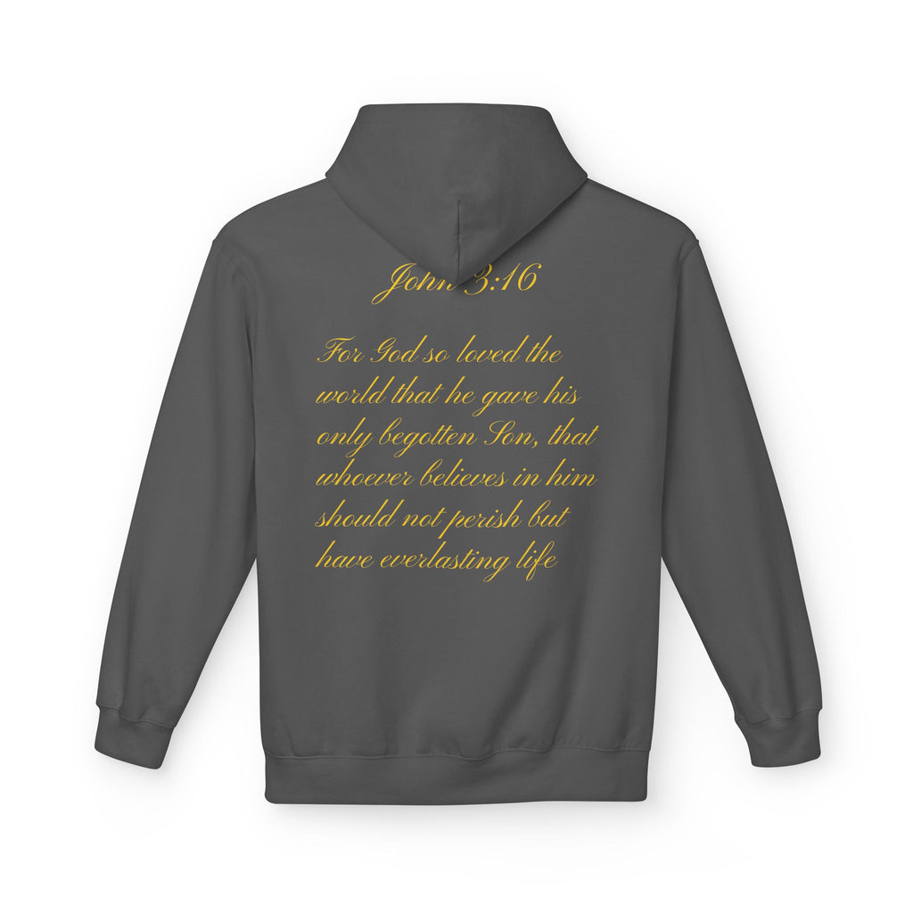 Christian Cross Hoodie with Gold Scripture Back — Faith-Based Religious Pullover