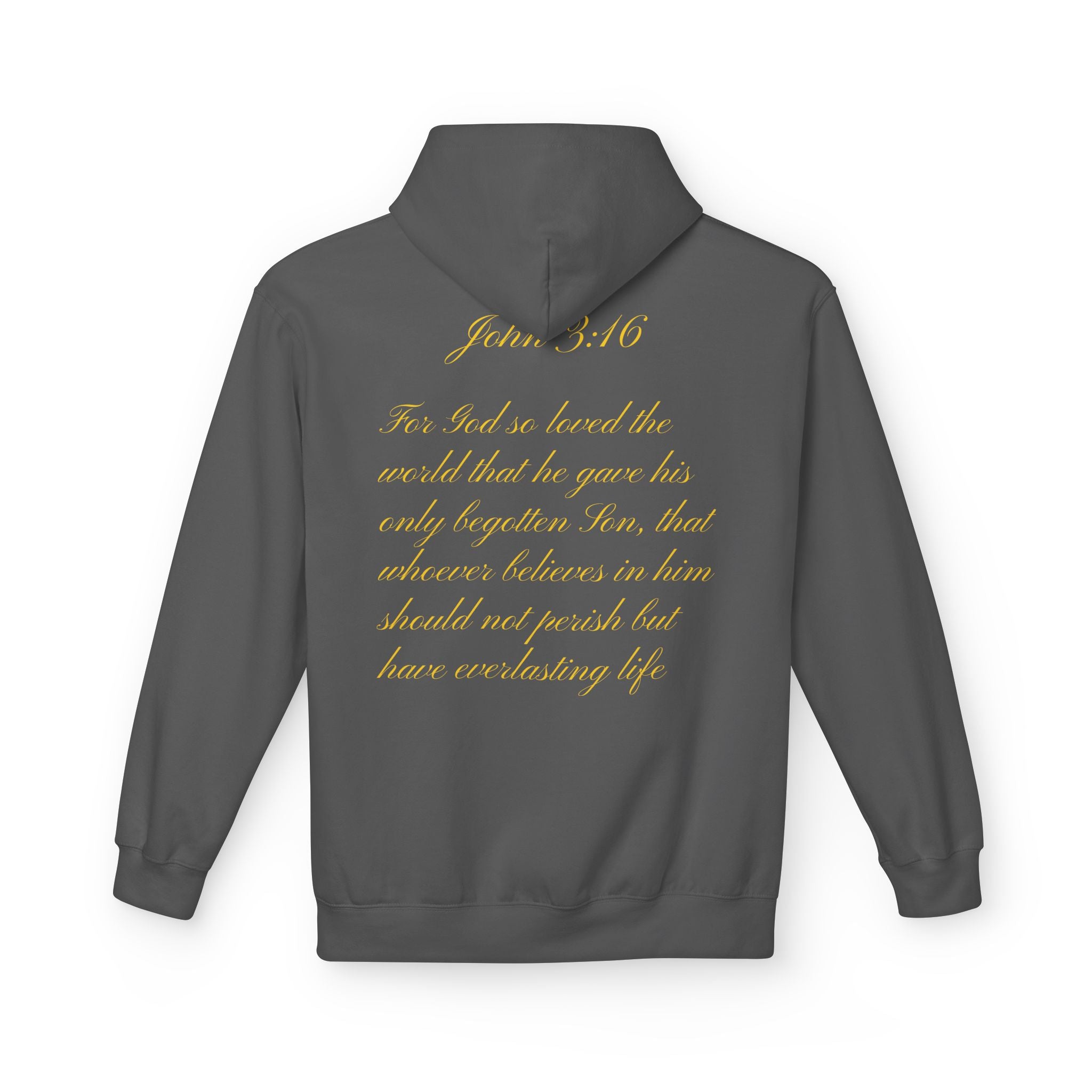 Christian Cross Hoodie with Gold Scripture Back — Faith-Based Religious Pullover