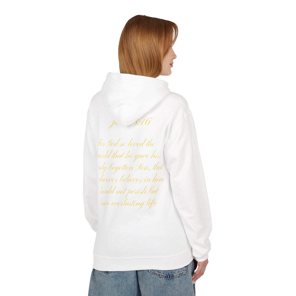 Christian Cross Hoodie with Gold Scripture Back — Faith-Based Religious Pullover