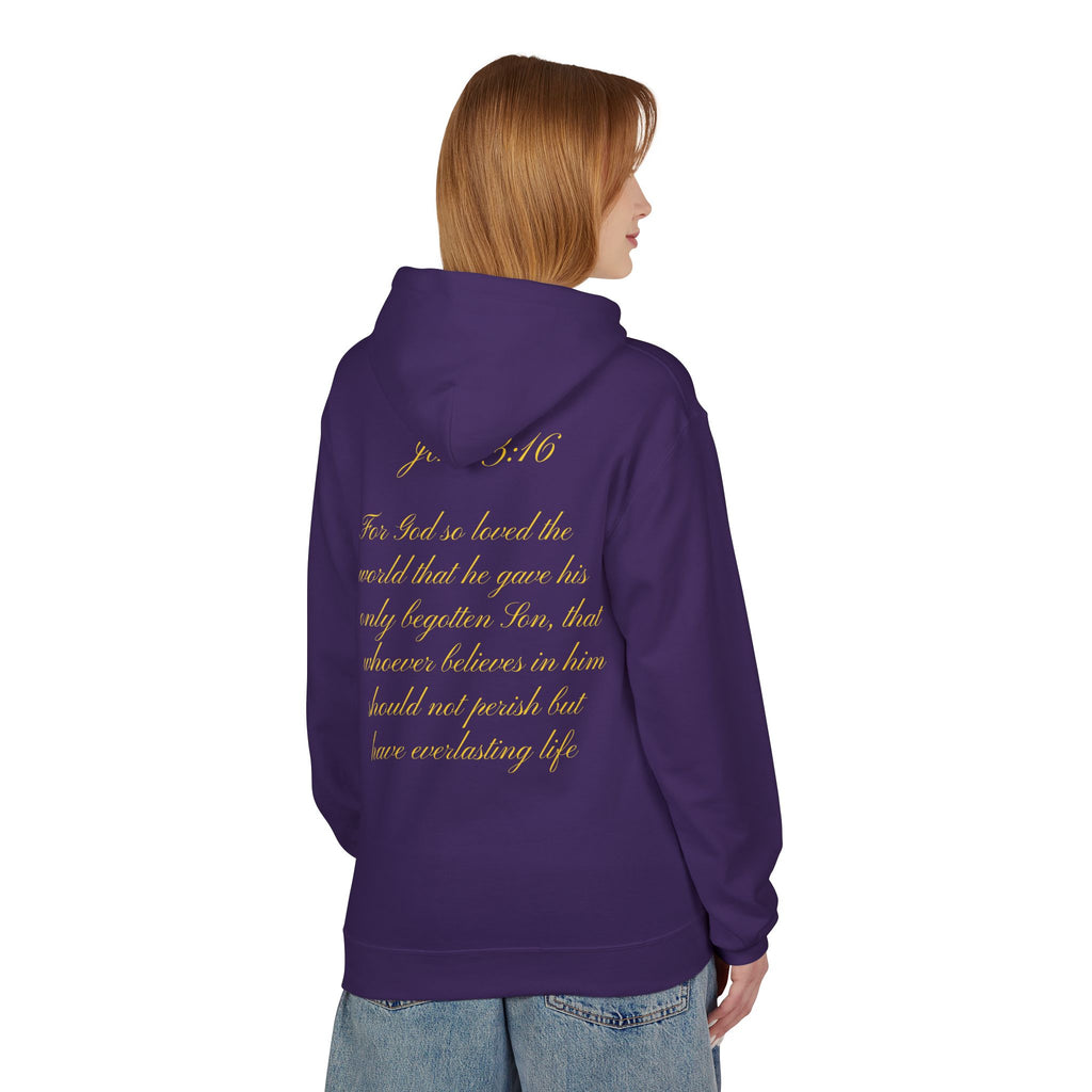 Christian Cross Hoodie with Gold Scripture Back — Faith-Based Religious Pullover