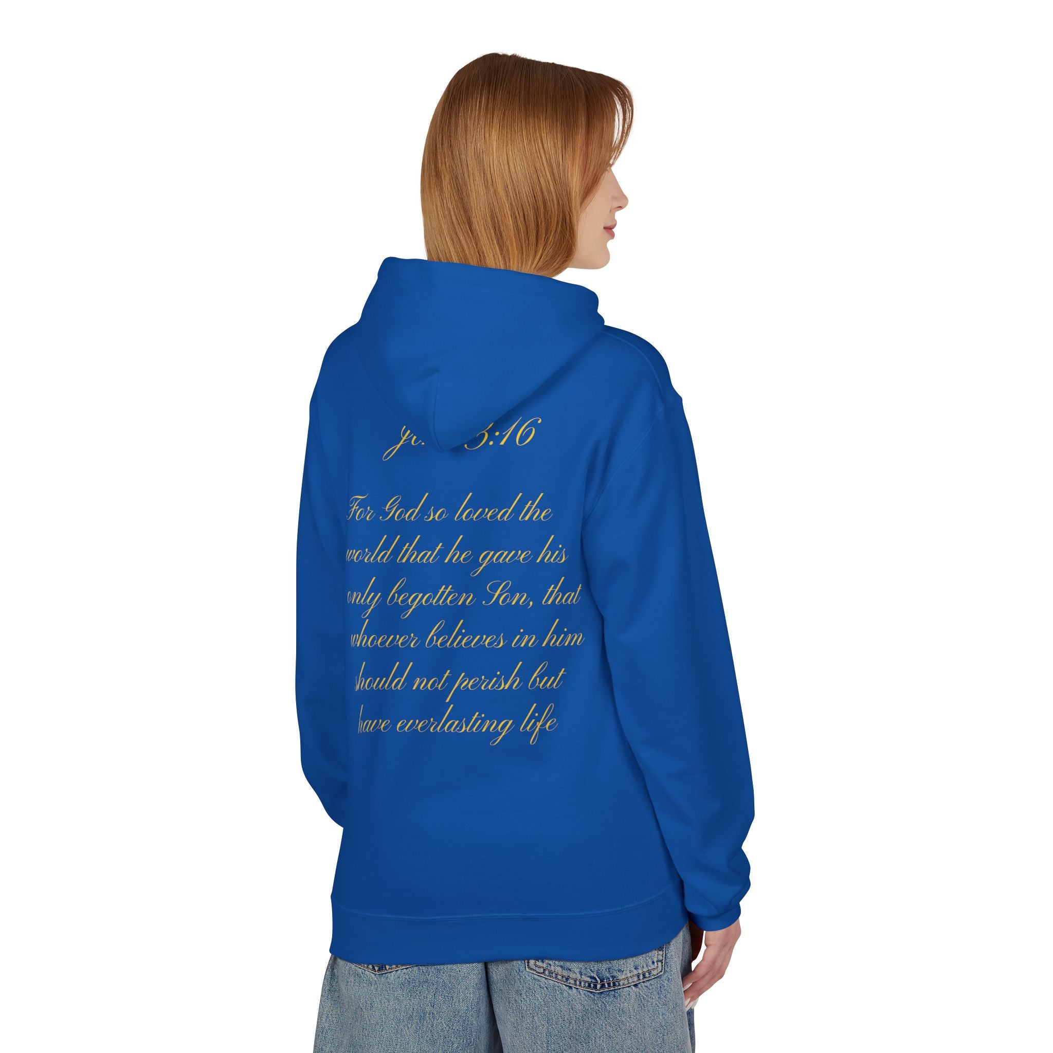 Christian Cross Hoodie with Gold Scripture Back — Faith-Based Religious Pullover