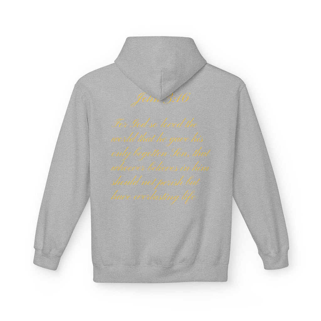 Christian Cross Hoodie with Gold Scripture Back — Faith-Based Religious Pullover