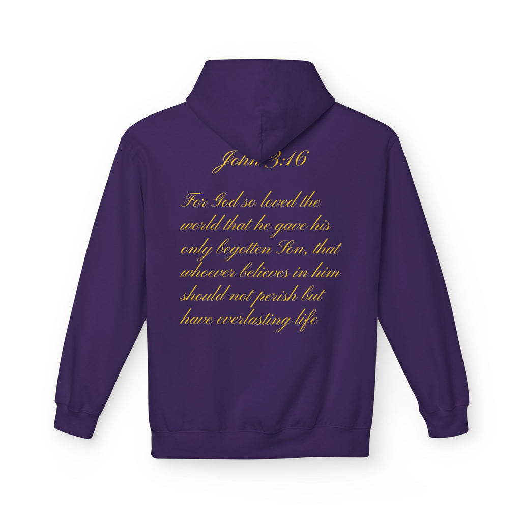 Christian Cross Hoodie with Gold Scripture Back — Faith-Based Religious Pullover