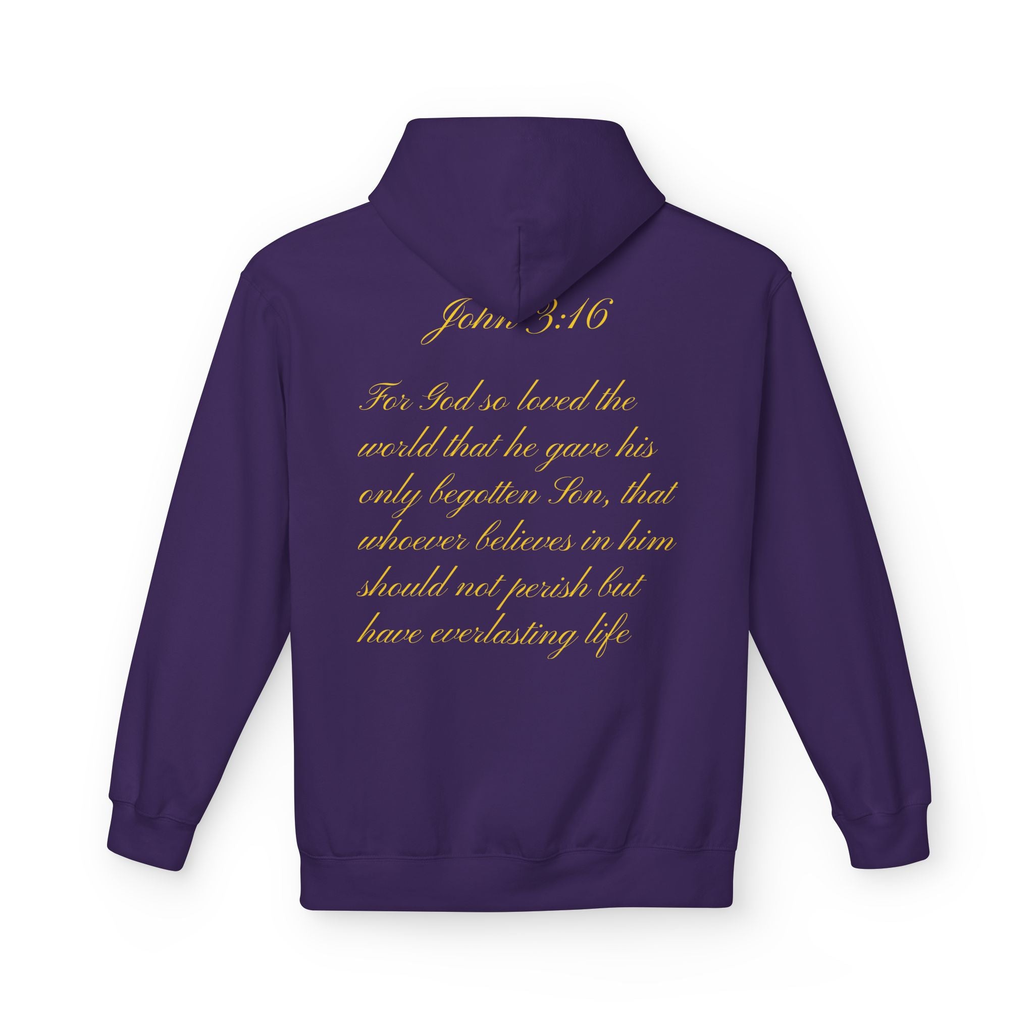 Christian Cross Hoodie with Gold Scripture Back — Faith-Based Religious Pullover