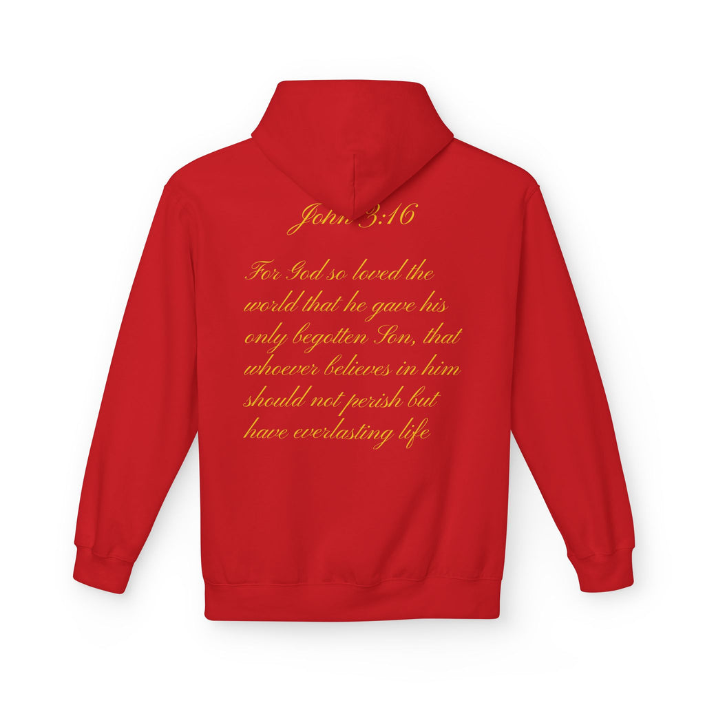 Christian Cross Hoodie with Gold Scripture Back — Faith-Based Religious Pullover