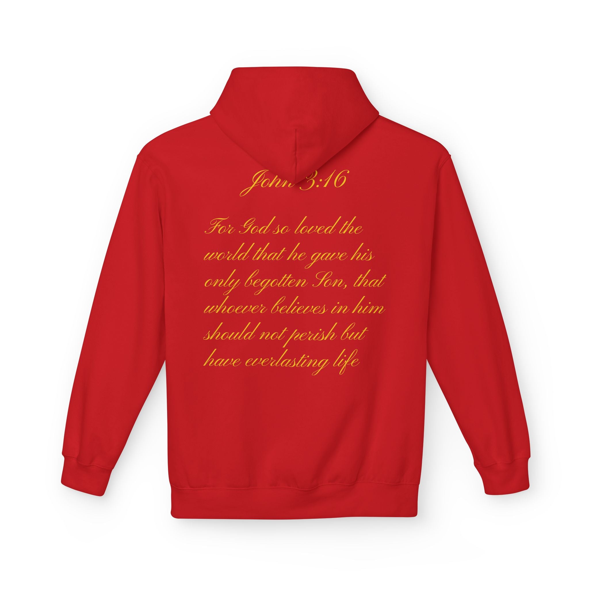 Christian Cross Hoodie with Gold Scripture Back — Faith-Based Religious Pullover