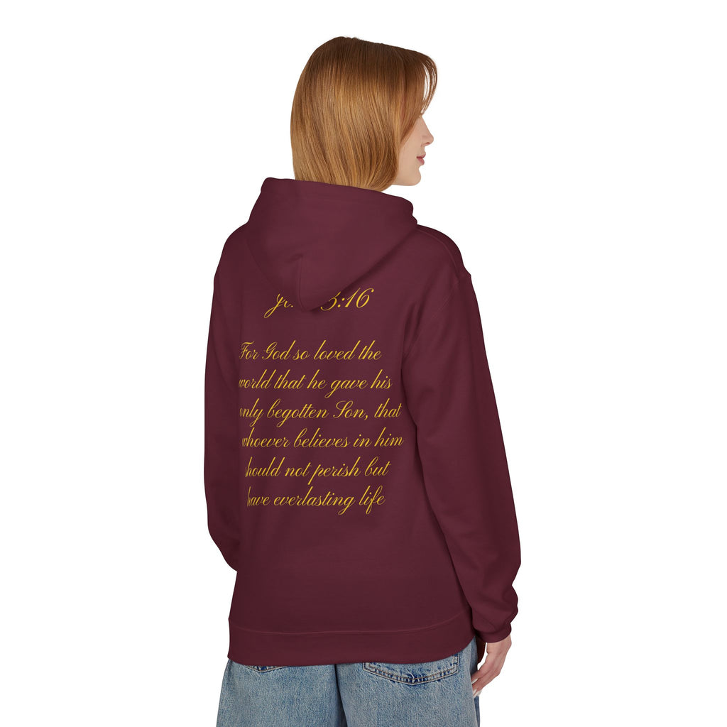 Christian Cross Hoodie with Gold Scripture Back — Faith-Based Religious Pullover