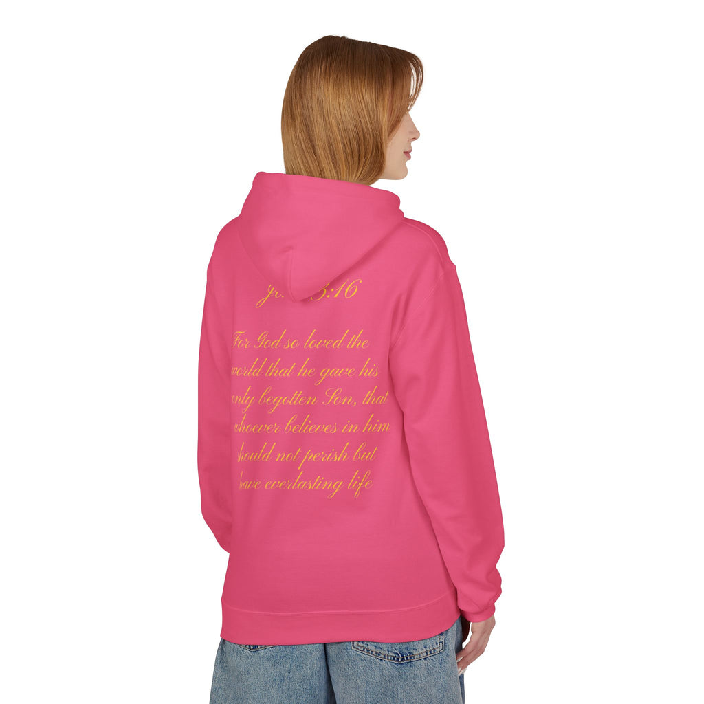 Christian Cross Hoodie with Gold Scripture Back — Faith-Based Religious Pullover
