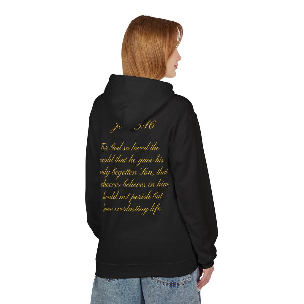 Christian Cross Hoodie with Gold Scripture Back — Faith-Based Religious Pullover