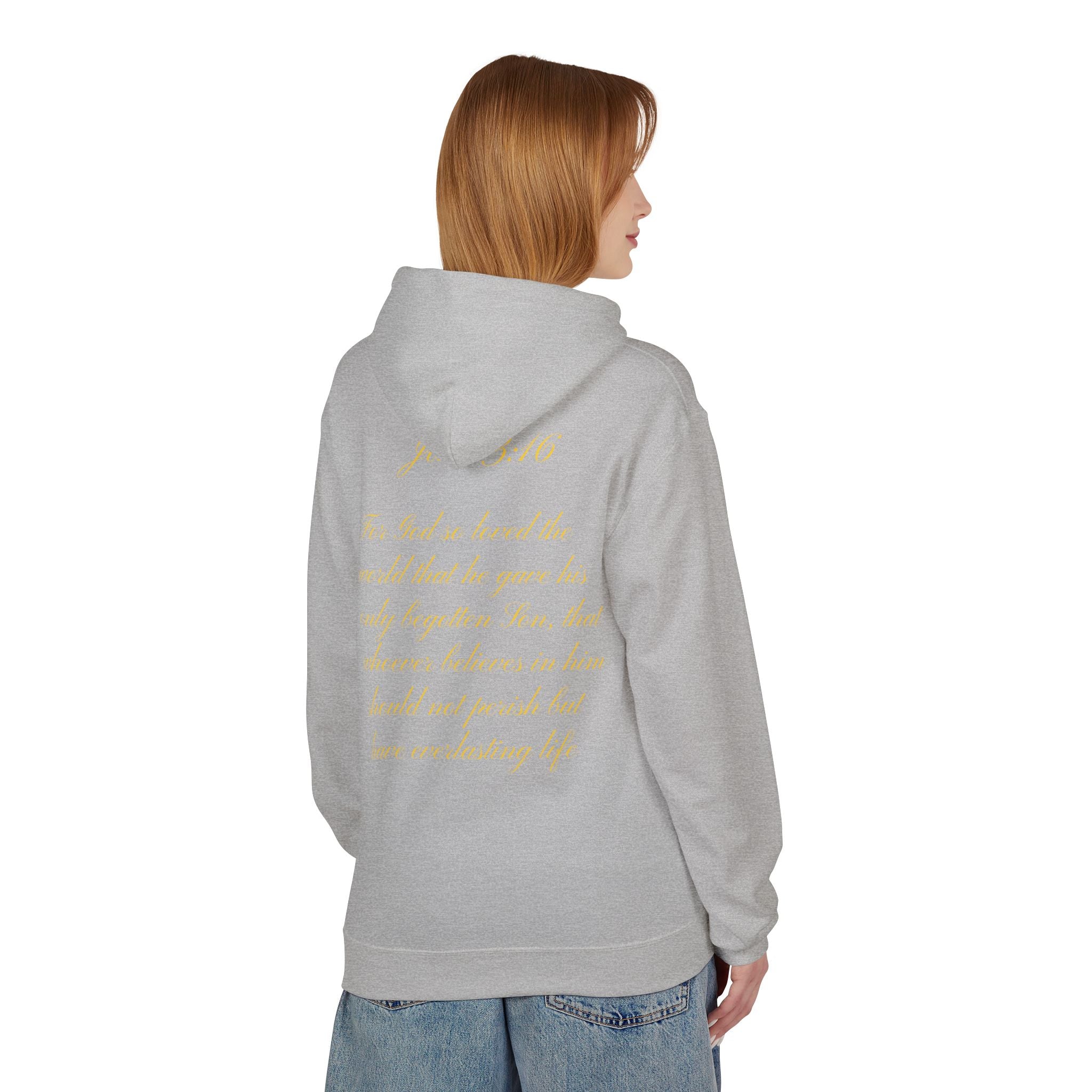 Christian Cross Hoodie with Gold Scripture Back — Faith-Based Religious Pullover