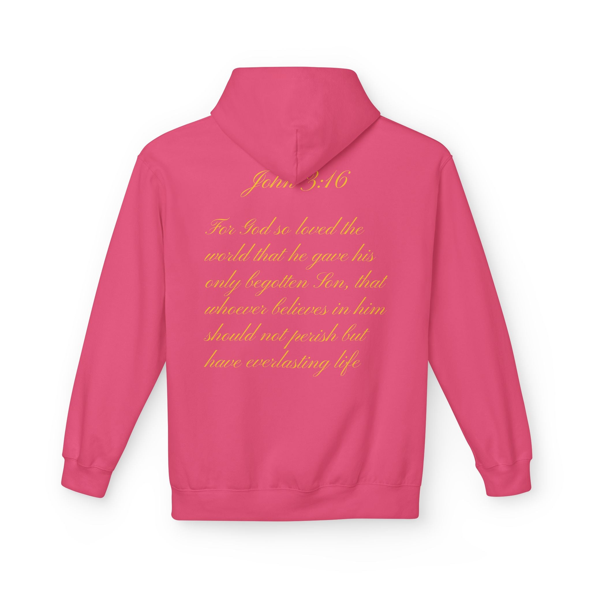 Christian Cross Hoodie with Gold Scripture Back — Faith-Based Religious Pullover