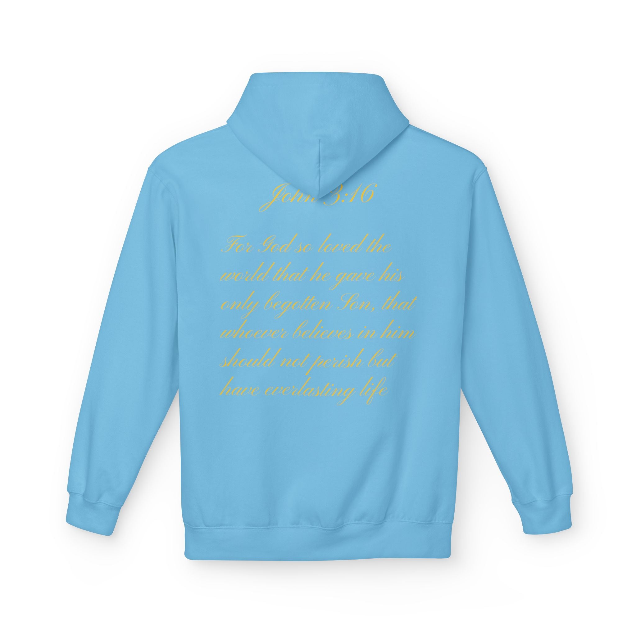 Christian Cross Hoodie with Gold Scripture Back — Faith-Based Religious Pullover