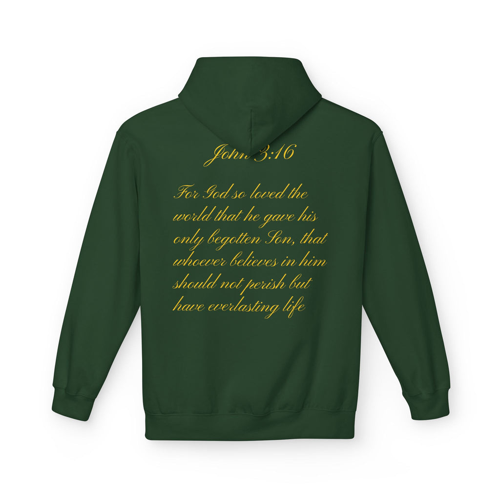 Christian Cross Hoodie with Gold Scripture Back — Faith-Based Religious Pullover