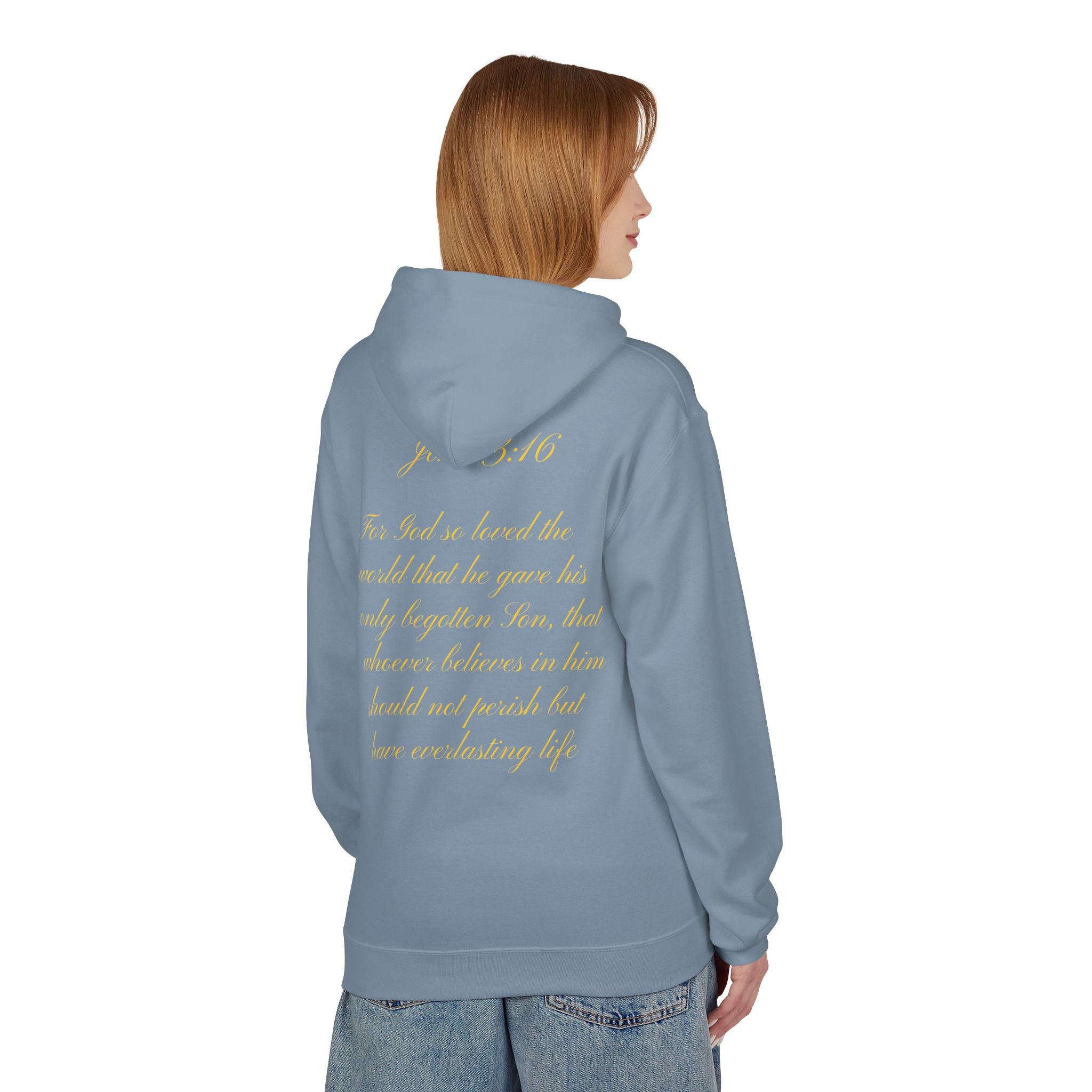 Christian Cross Hoodie with Gold Scripture Back — Faith-Based Religious Pullover