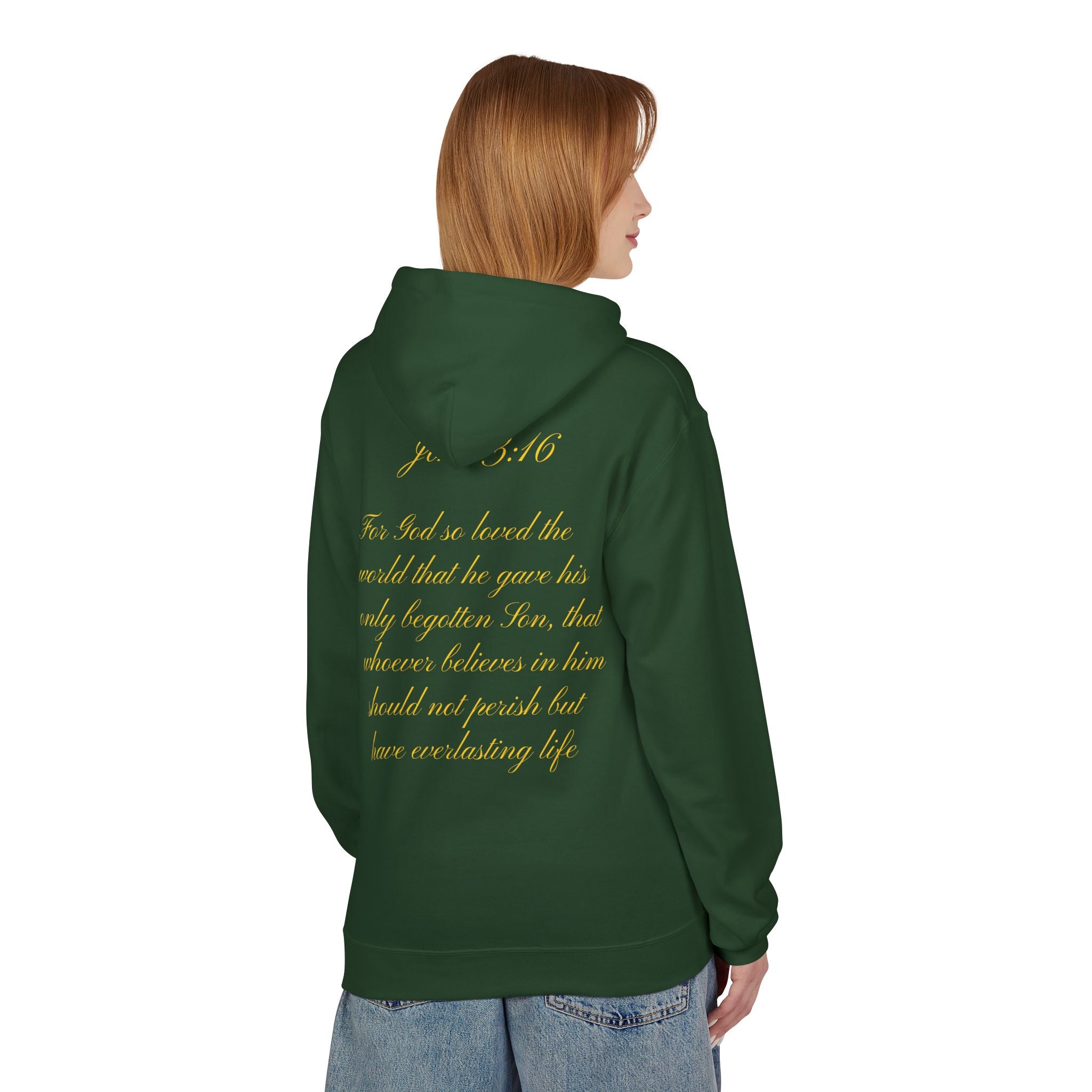 Christian Cross Hoodie with Gold Scripture Back — Faith-Based Religious Pullover