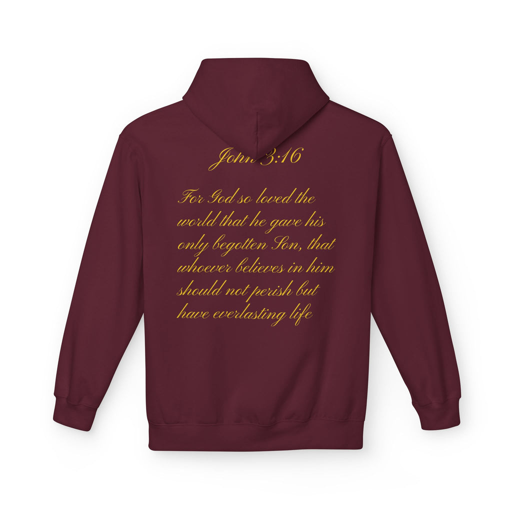 Christian Cross Hoodie with Gold Scripture Back — Faith-Based Religious Pullover