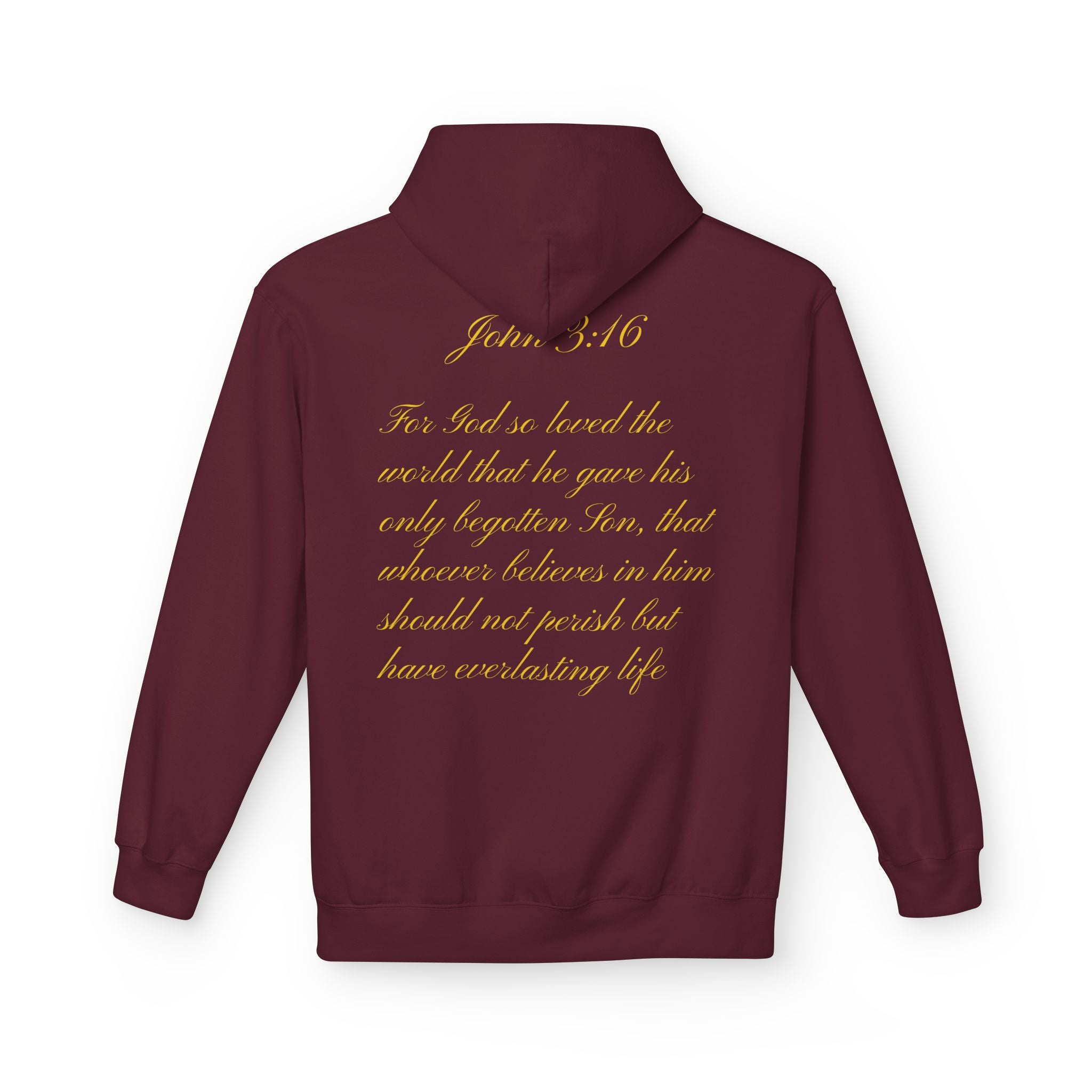Christian Cross Hoodie with Gold Scripture Back — Faith-Based Religious Pullover