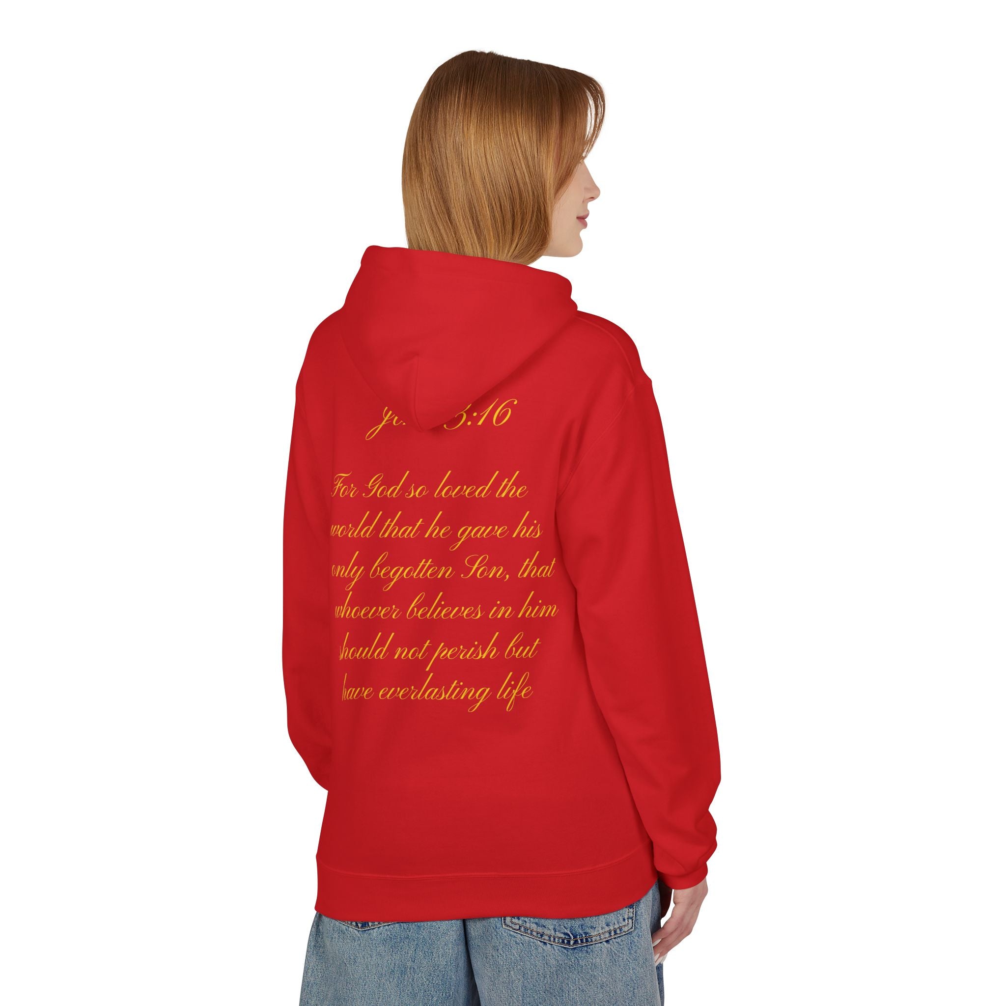 Christian Cross Hoodie with Gold Scripture Back — Faith-Based Religious Pullover