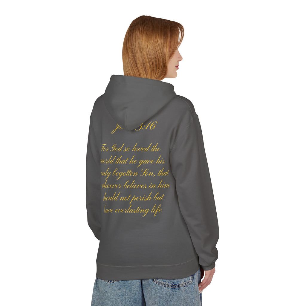 Christian Cross Hoodie with Gold Scripture Back — Faith-Based Religious Pullover