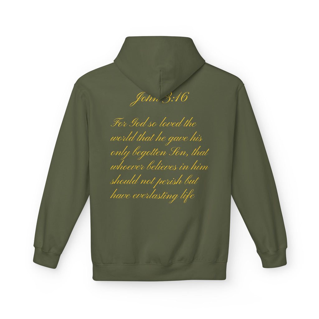 Christian Cross Hoodie with Gold Scripture Back — Faith-Based Religious Pullover