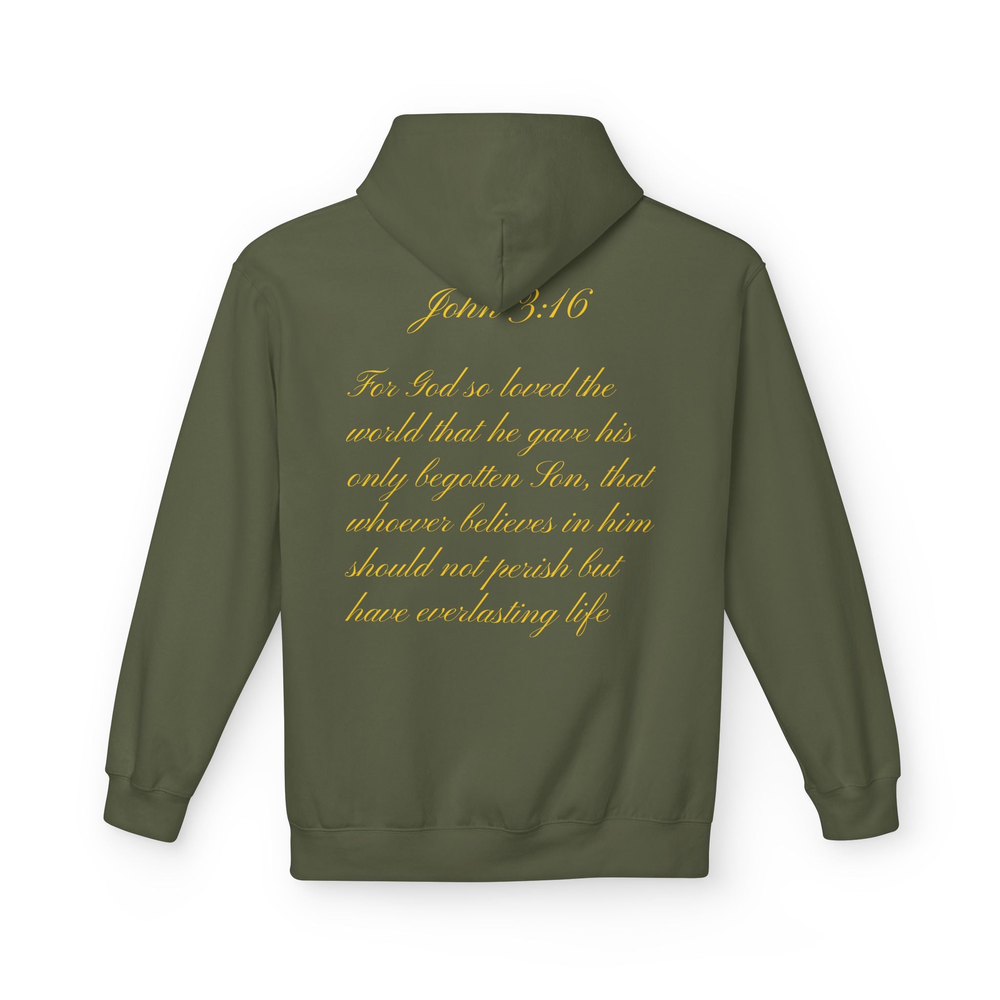 Christian Cross Hoodie with Gold Scripture Back — Faith-Based Religious Pullover