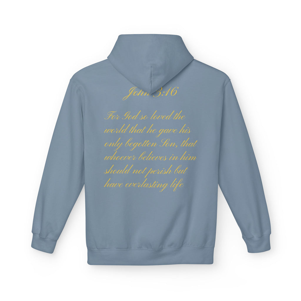 Christian Cross Hoodie with Gold Scripture Back — Faith-Based Religious Pullover